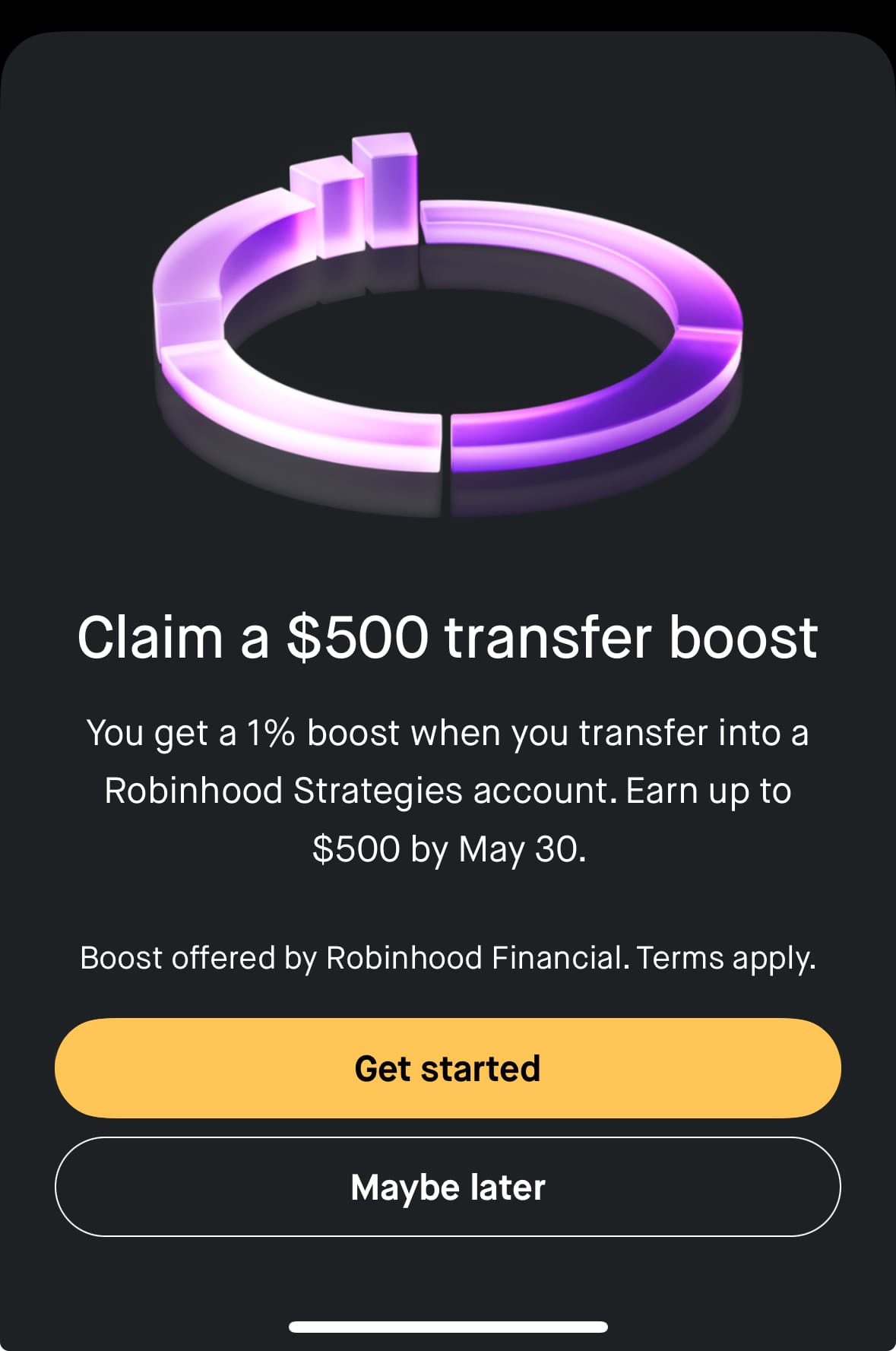 A Robinhood modal prompting me to sign up for a "Strategies Account" offering a 500 dollar bonus.