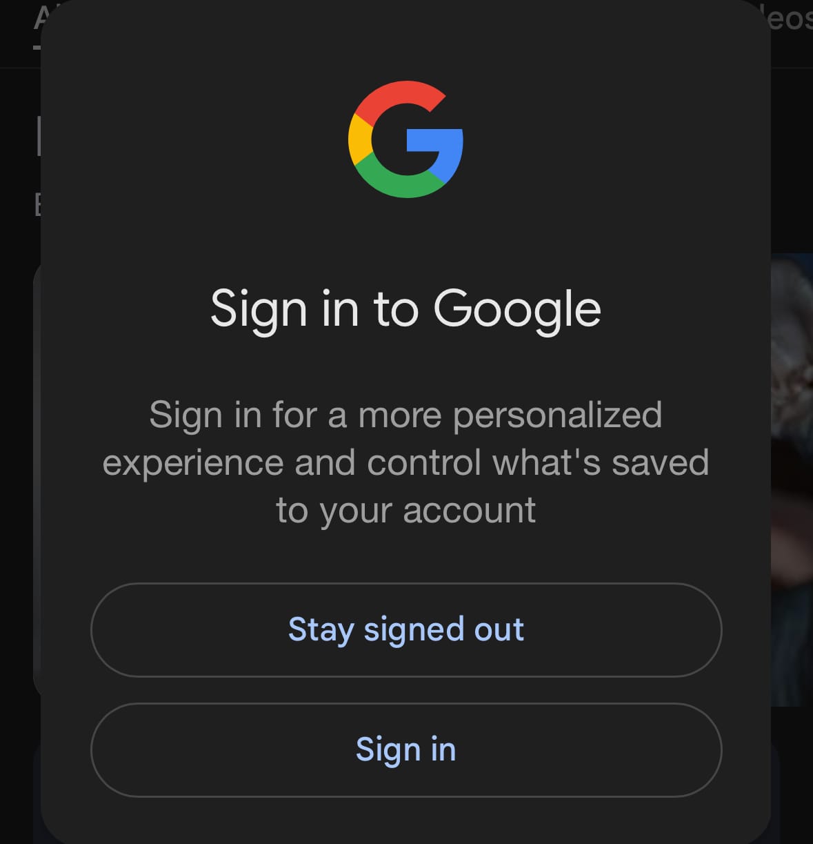 A modal pop up prompting me to sign in for a "more personalized experience"
