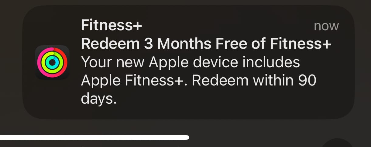 An apple Fitness Notification offering three months for free
