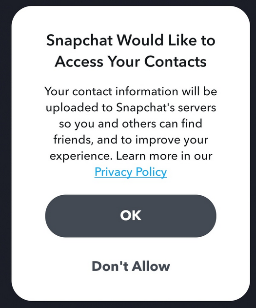 A Snapshat modal asking to access your contacts and upload them to their servers